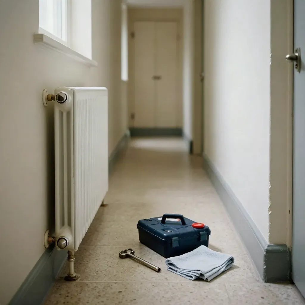 Repaired hallway radiator, maintenance kit and shut boiler cupboard in a bright UK corridor.