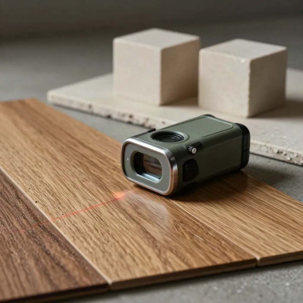 Laser distance meter with oak swatches and stone samples on concrete, side-lit closeup.