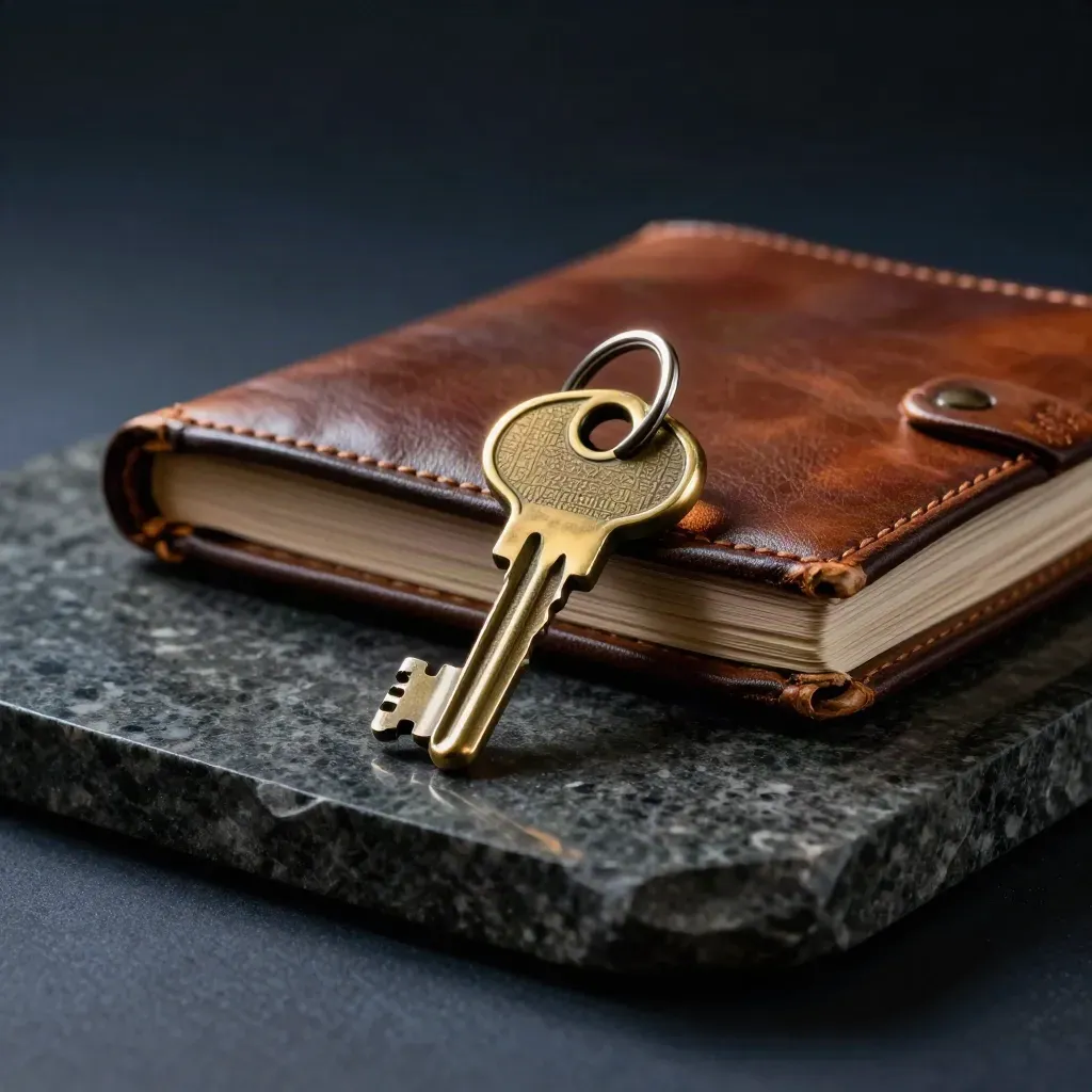 Brass keys, a heritage knocker, and a leather portfolio on dark stone in dramatic side light.