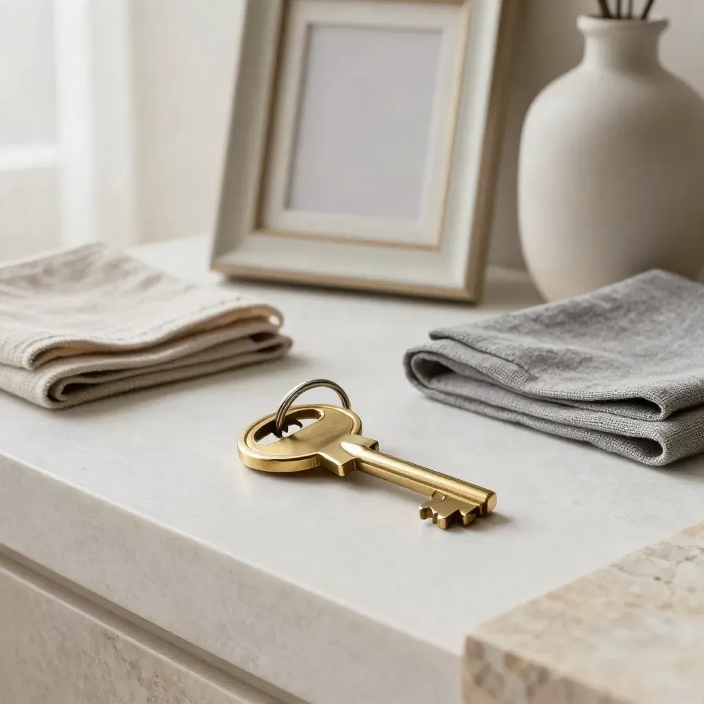 Polished keys, blank ceramic frame, linen swatches and a vase on plaster, ready for listing.