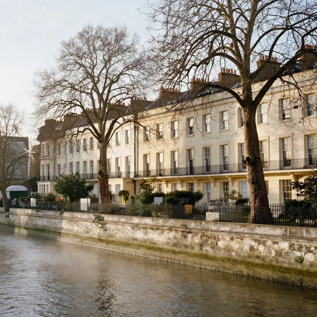 West London riverside terraces and plane trees above calm misty water