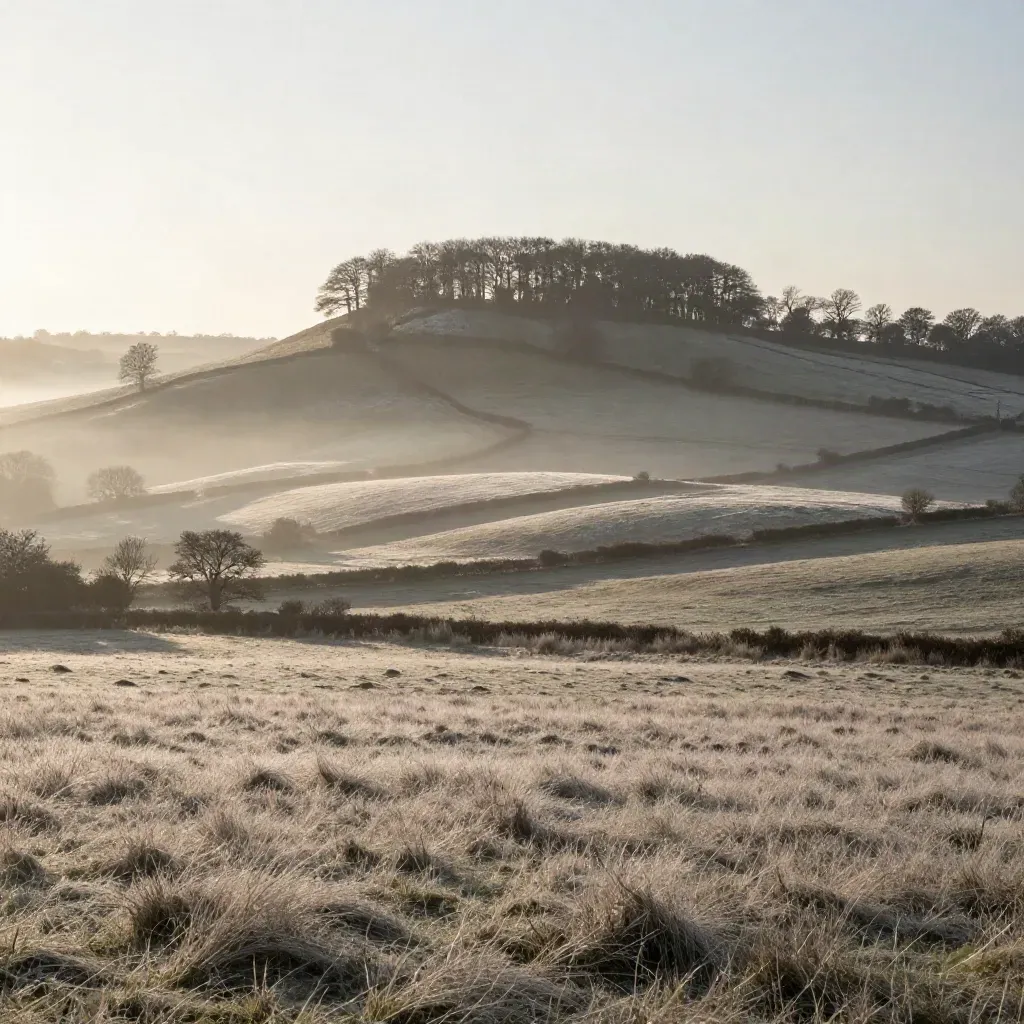 Misty Surrey chalk downs and beech trees at dawn above open fields