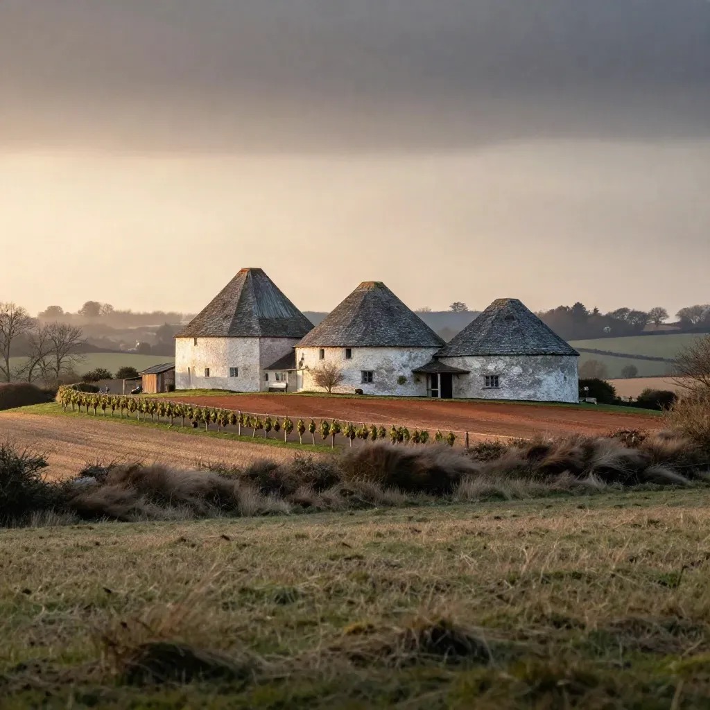 Kent oast houses over flint fields at sunset with hazy hop bines